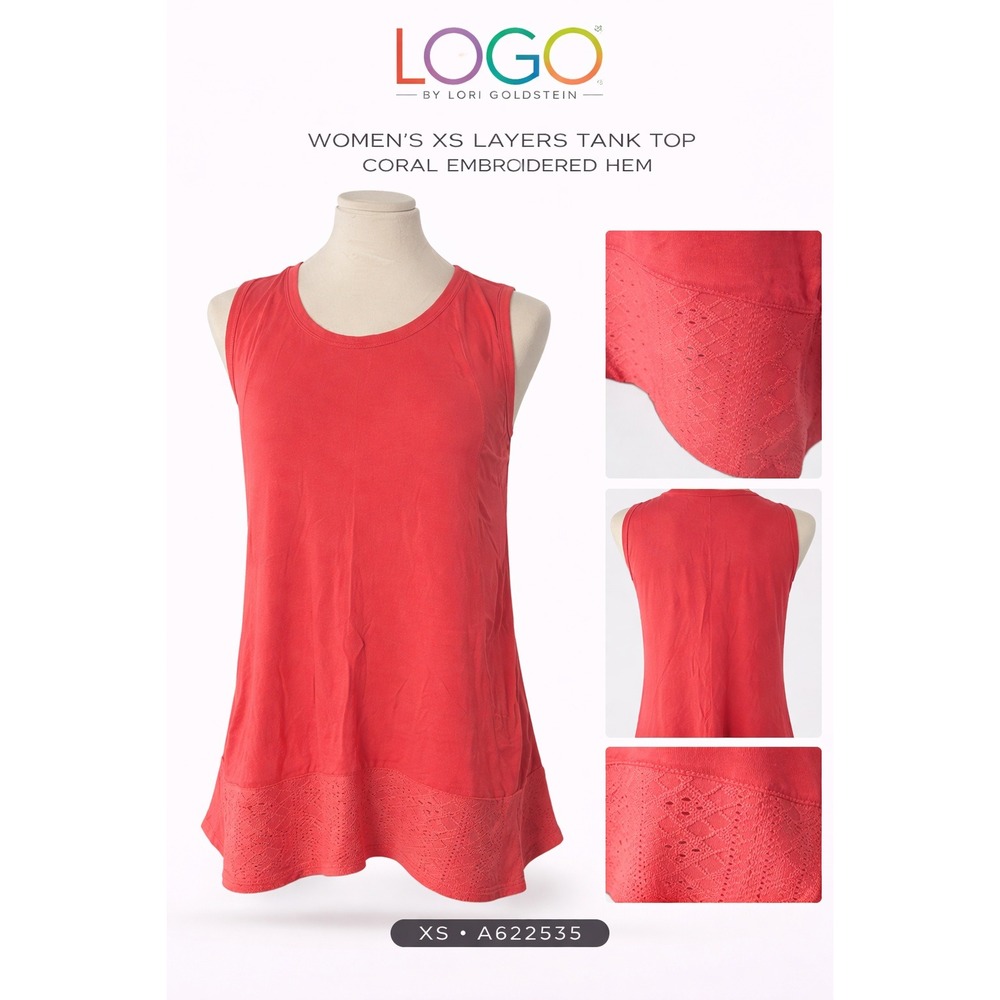 LOGO Lori Goldstein‎ Layers Tank Top Coral Embroidered Hem XS A6225 Womens Scoop
